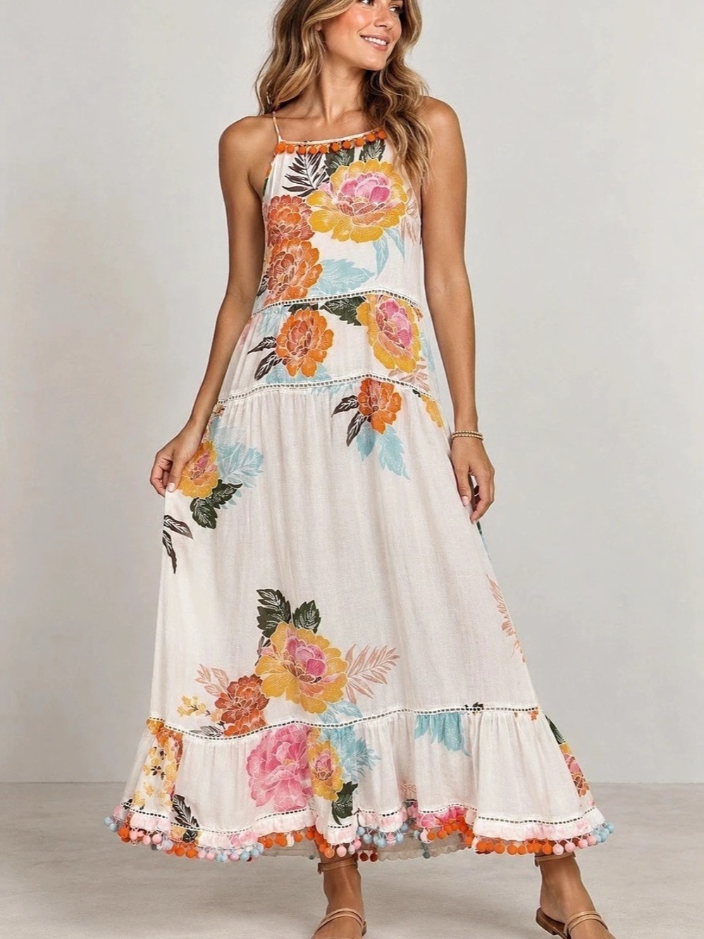 FARM Rio White Floral Pom Pom Trim Cotton Maxi Dress, Size Small